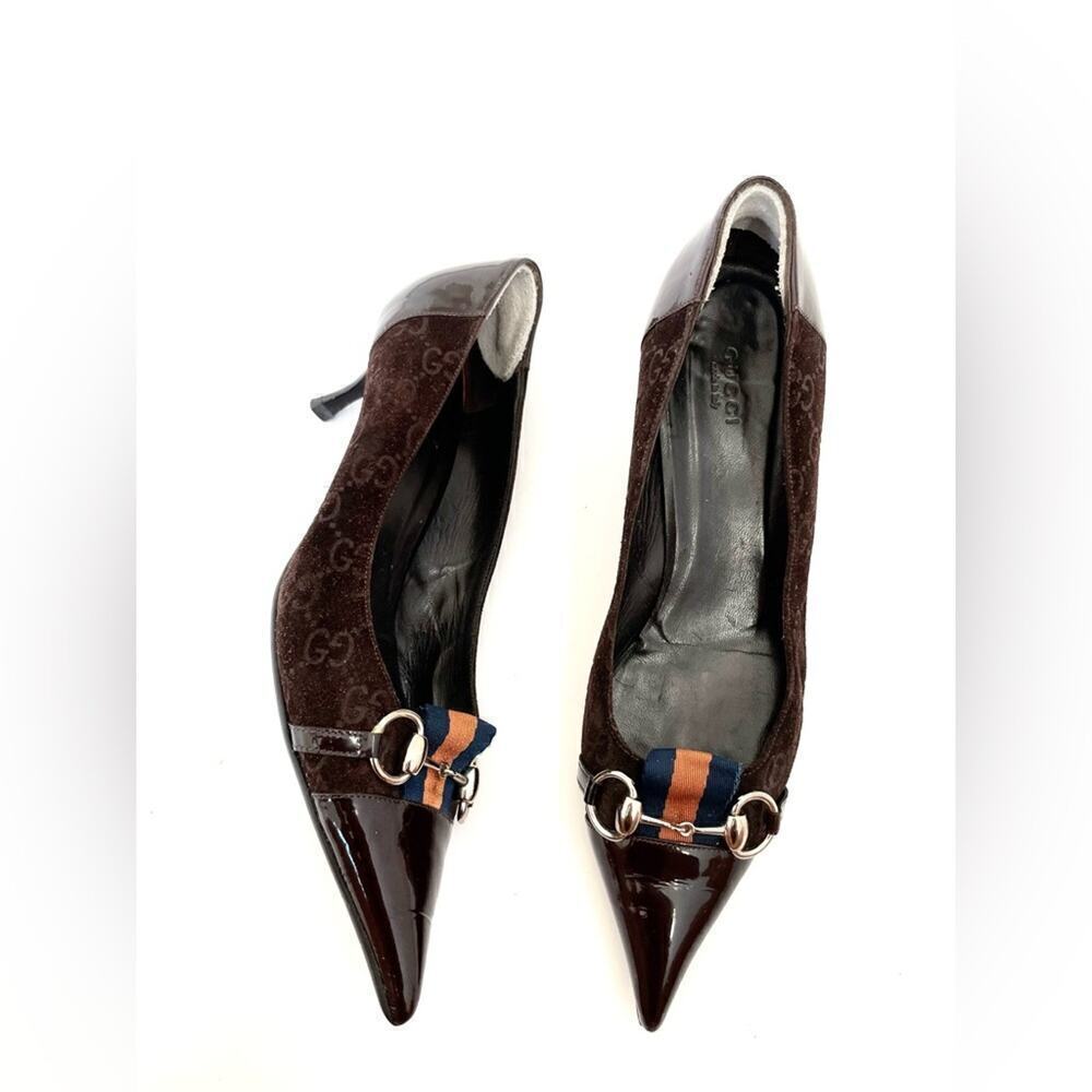 Gucci Horsebit Web Stripe GG Pump Size 8.5 Brown Suede Pointed Toe Kitten Heel